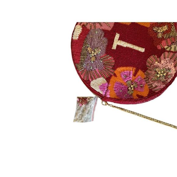 Anthropologie Womens Red Pink Monogram T Embellished Chain Strap Round Pouch - Picture 2 of 9